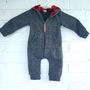 Infant Hooded Onesie. Grey with red Buffalo plaid. Size 70